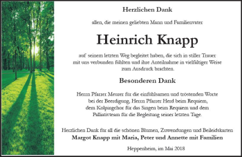 Traueranzeige von Heinrich Knapp von Trauerportal Rhein Main Presse