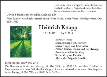 Traueranzeige von Heinrich Knapp von Trauerportal Rhein Main Presse