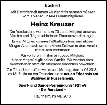 Traueranzeige von Heinz Kreuzer von Trauerportal Rhein Main Presse