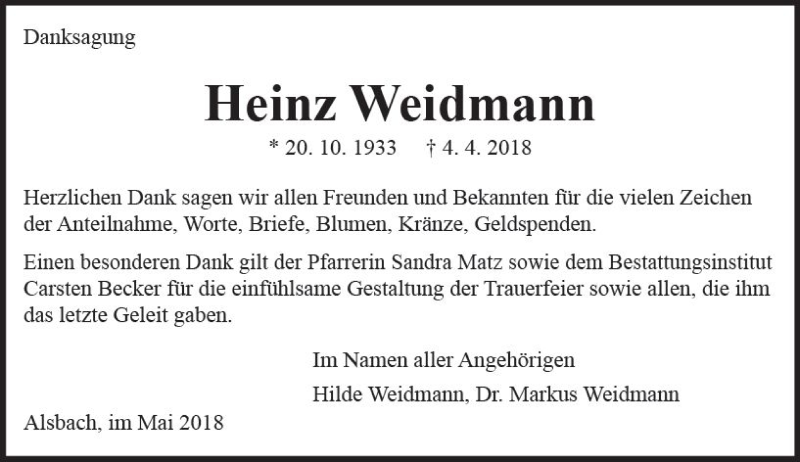  Traueranzeige für Heinz Weidmann vom 12.05.2018 aus Trauerportal Rhein Main Presse