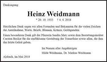 Traueranzeige von Heinz Weidmann von Trauerportal Rhein Main Presse