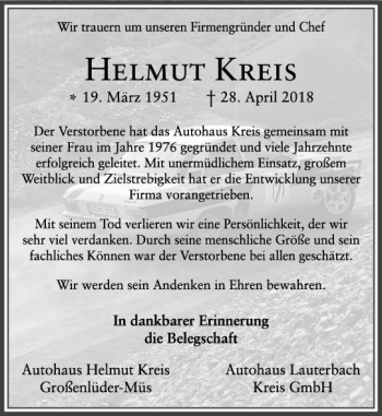 Traueranzeige von Helmut Kreis von VRM Trauer