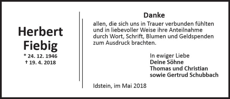  Traueranzeige für Herbert Fiebig vom 26.05.2018 aus Trauerportal Rhein Main Presse