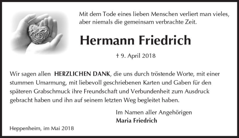  Traueranzeige für Hermann Friedrich vom 26.05.2018 aus Trauerportal Rhein Main Presse
