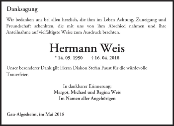 Traueranzeige von Hermann Weis von Trauerportal Rhein Main Presse