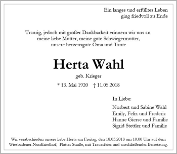 Traueranzeige von Herta Wahl von Trauerportal Rhein Main Presse