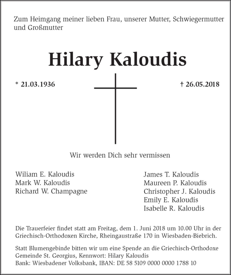  Traueranzeige für Hilary Kaloudis vom 29.05.2018 aus Trauerportal Rhein Main Presse