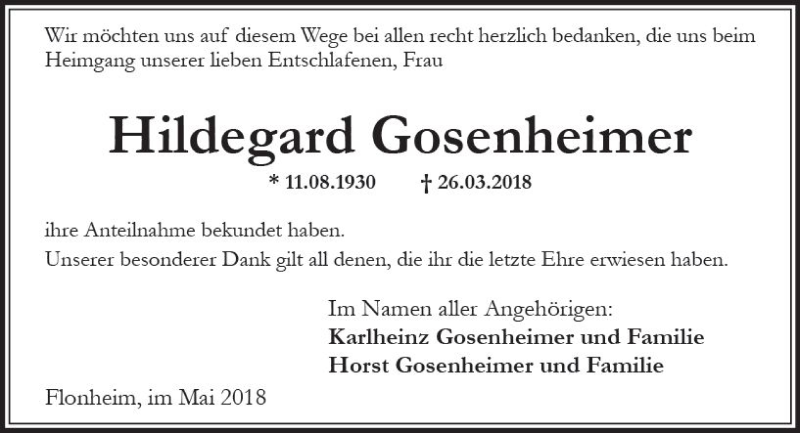  Traueranzeige für Hildegard Gosenheimer vom 05.05.2018 aus Trauerportal Rhein Main Presse