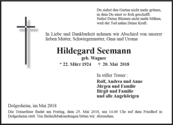 Traueranzeige von Hildegard Seemann von Trauerportal Rhein Main Presse