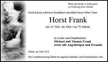 Traueranzeige von Horst Frank von Trauerportal Rhein Main Presse