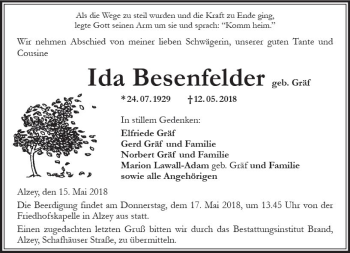 Traueranzeige von Ida Besen-felder von Trauerportal Rhein Main Presse
