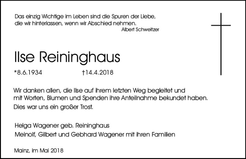  Traueranzeige für Ilse Reinighaus vom 19.05.2018 aus Trauerportal Rhein Main Presse