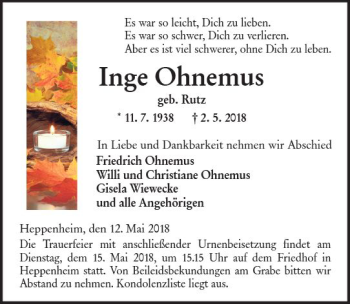 Traueranzeige von Inge Ohnemus von Trauerportal Rhein Main Presse