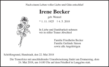 Traueranzeige von Irene Becker von  Gießener Anzeiger