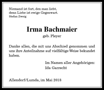 Traueranzeige von Irina Bachmaier von  Gießener Anzeiger