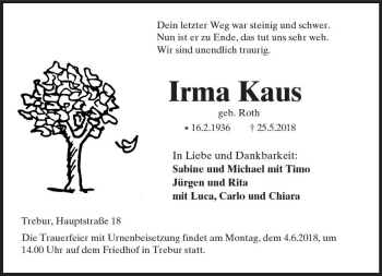 Traueranzeige von Irma Kaus von Trauerportal Rhein Main Presse
