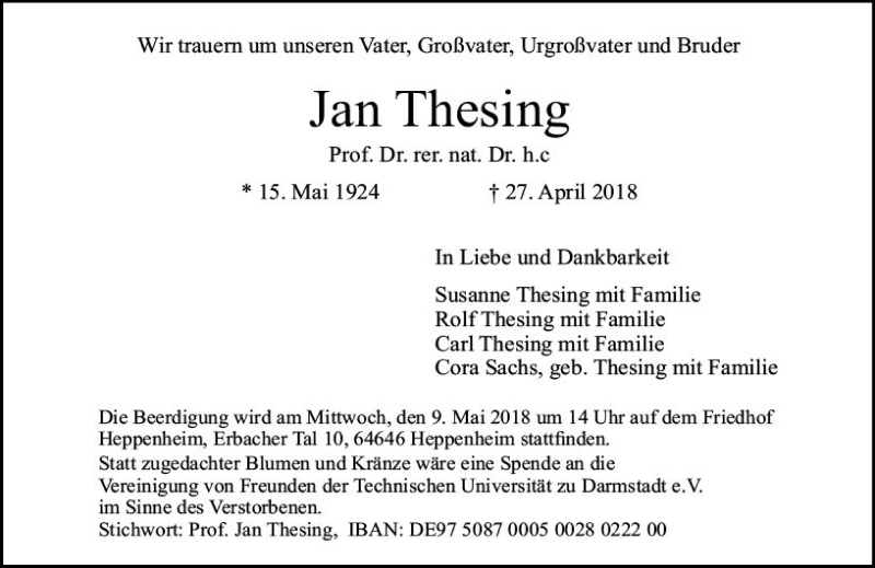  Traueranzeige für Jan Thesing vom 05.05.2018 aus Trauerportal Rhein Main Presse