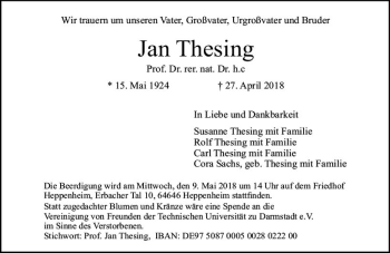 Traueranzeige von Jan Thesing von Trauerportal Rhein Main Presse