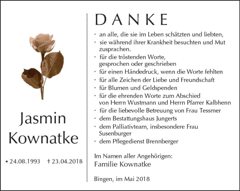  Traueranzeige für Jasmin Kownatke vom 12.05.2018 aus Trauerportal Rhein Main Presse