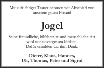 Traueranzeige von Jogel  von Trauerportal Rhein Main Presse