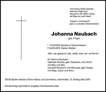 Traueranzeige von Johanna Neubach von Trauerportal Rhein Main Presse