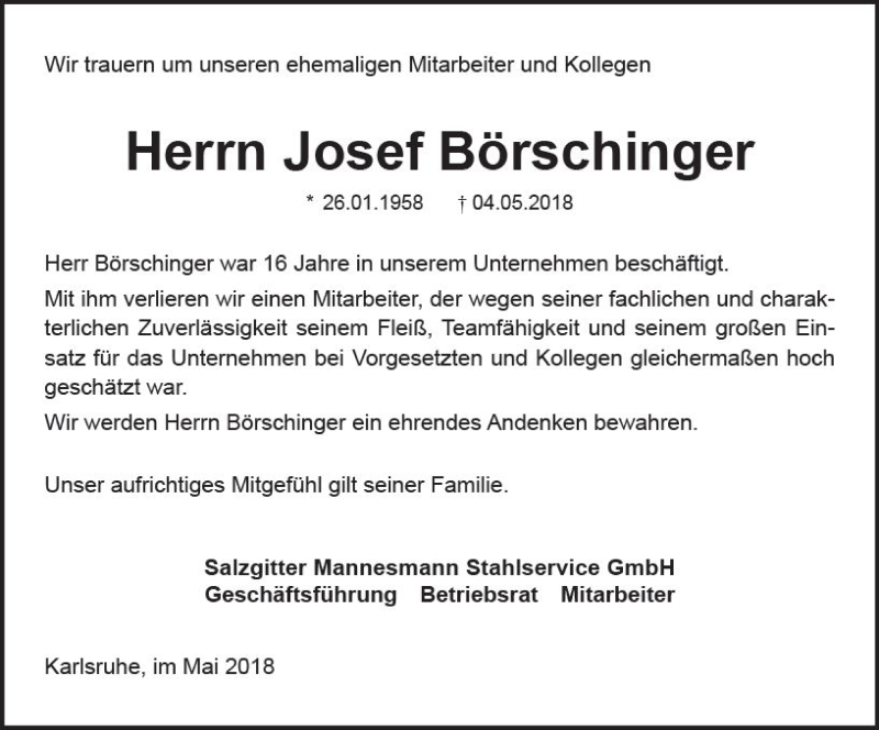  Traueranzeige für Josef Börschinger vom 11.05.2018 aus Trauerportal Rhein Main Presse