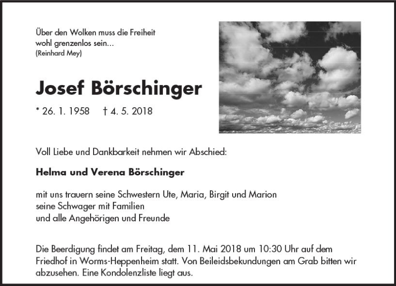  Traueranzeige für Josef Börschinger vom 08.05.2018 aus Trauerportal Rhein Main Presse
