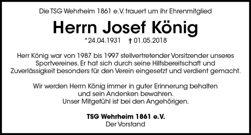  Traueranzeige für Josef König vom 08.05.2018 aus  Usinger Anzeiger