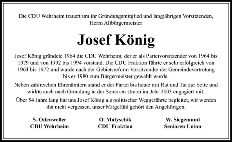  Traueranzeige für Josef König vom 08.05.2018 aus  Usinger Anzeiger