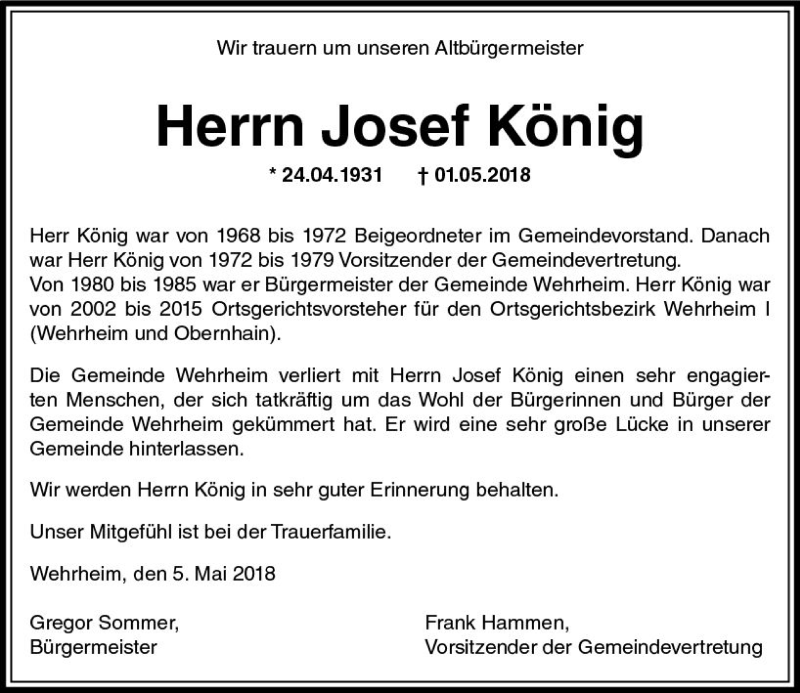  Traueranzeige für Josef König vom 05.05.2018 aus  Usinger Anzeiger