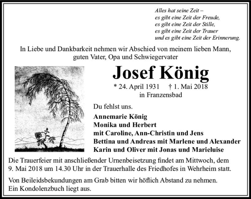  Traueranzeige für Josef König vom 05.05.2018 aus  Usinger Anzeiger