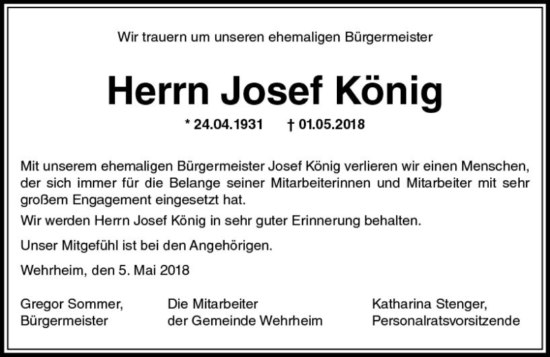  Traueranzeige für Josef König vom 05.05.2018 aus  Usinger Anzeiger