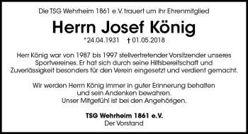 Traueranzeige von Josef König von  Usinger Anzeiger