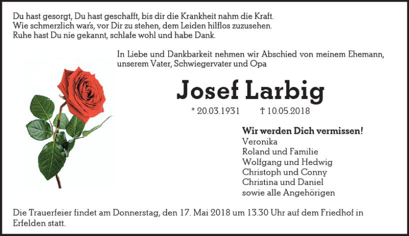  Traueranzeige für Josef Larbig vom 15.05.2018 aus Trauerportal Rhein Main Presse