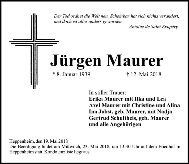  Traueranzeige für Jürgen Maurer vom 19.05.2018 aus Trauerportal Rhein Main Presse