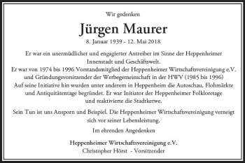Traueranzeige von Jürgen Maurer von Trauerportal Rhein Main Presse