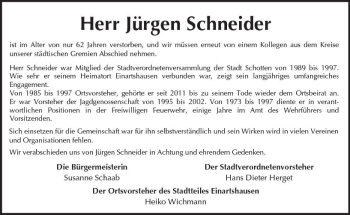 Traueranzeige von Jürgen Schneider von  Kreisanzeiger