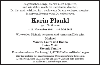 Traueranzeige von Karin Plankl von Trauerportal Rhein Main Presse