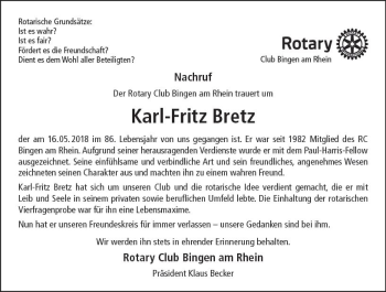 Traueranzeige von Karl-Fritz Bretz von Trauerportal Rhein Main Presse
