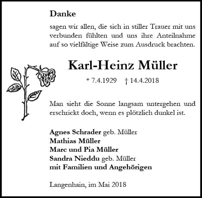  Traueranzeige für Karl-Heinz Müller vom 11.05.2018 aus Trauerportal Rhein Main Presse