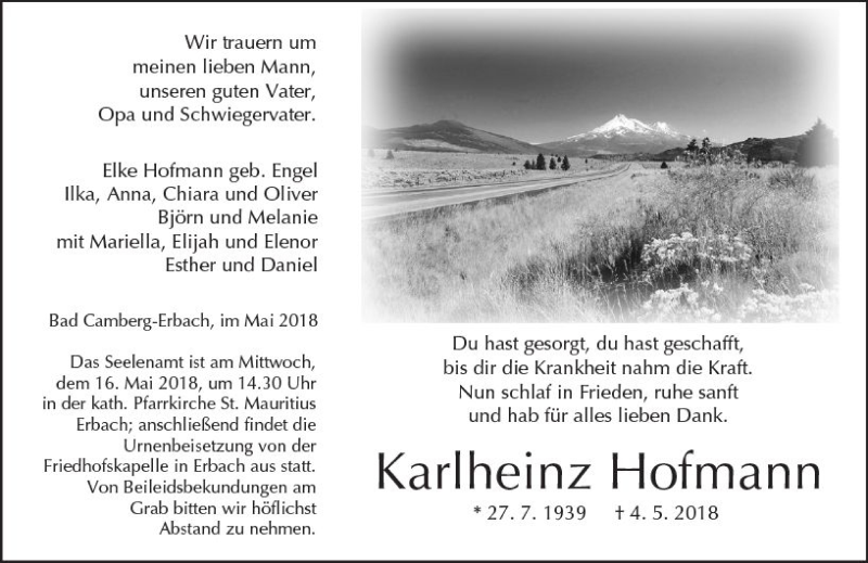  Traueranzeige für Karlheinz Hofmann vom 11.05.2018 aus  Camberger Anzeiger