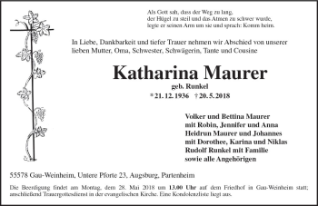Traueranzeige von Katharina Maurer von Trauerportal Rhein Main Presse