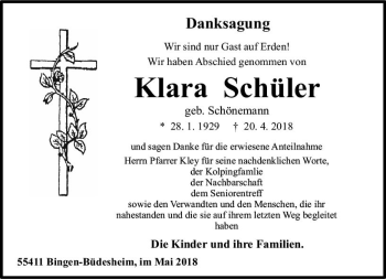 Traueranzeige von Klara Schüler von Trauerportal Rhein Main Presse