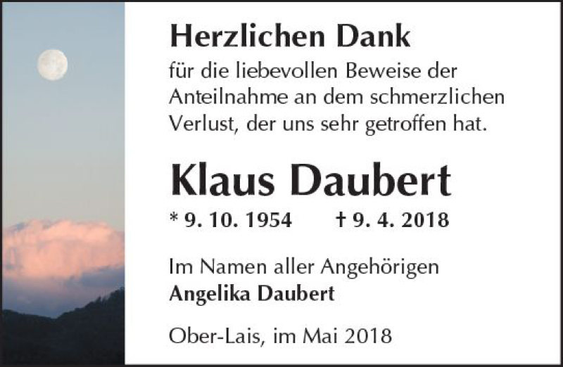  Traueranzeige für Klaus Daubert vom 26.05.2018 aus  Kreisanzeiger