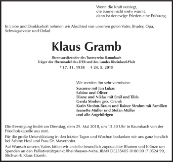 Traueranzeige von Klaus Gramb von Trauerportal Rhein Main Presse