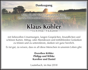 Traueranzeige von Klaus Köhler von  Lauterbacher Anzeiger