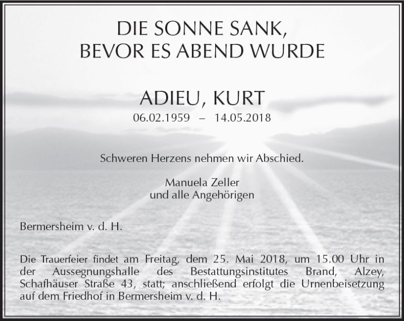  Traueranzeige für Kurt Zeller vom 16.05.2018 aus Trauerportal Rhein Main Presse