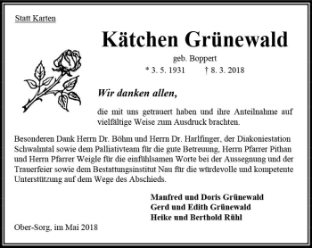Traueranzeige von Kätchen Grünewald von VRM Trauer