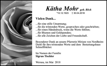 Traueranzeige von Kätha Mohr von Trauerportal Rhein Main Presse