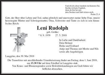 Traueranzeige von Leni Rudolph von  Gießener Anzeiger